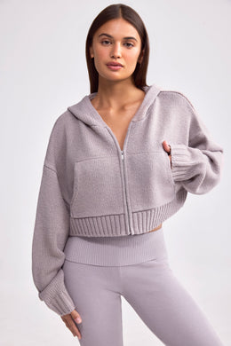 Cropped Zip-Up Chunky Knit Hoodie in Dusty Lavender