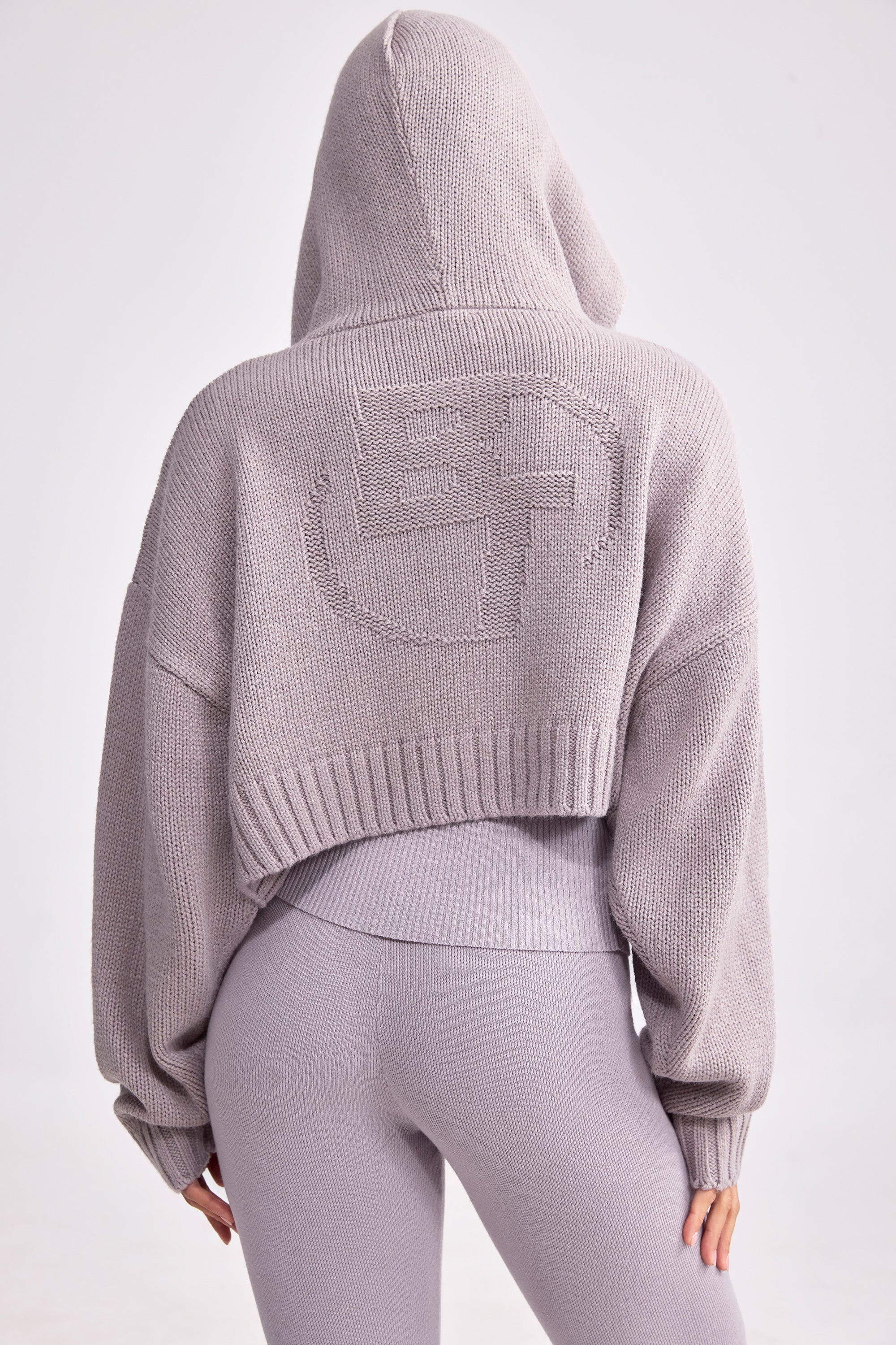 Cropped Zip-Up Chunky Knit Hoodie in Dusty Lavender