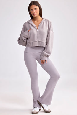 Cropped Zip-Up Chunky Knit Hoodie in Dusty Lavender