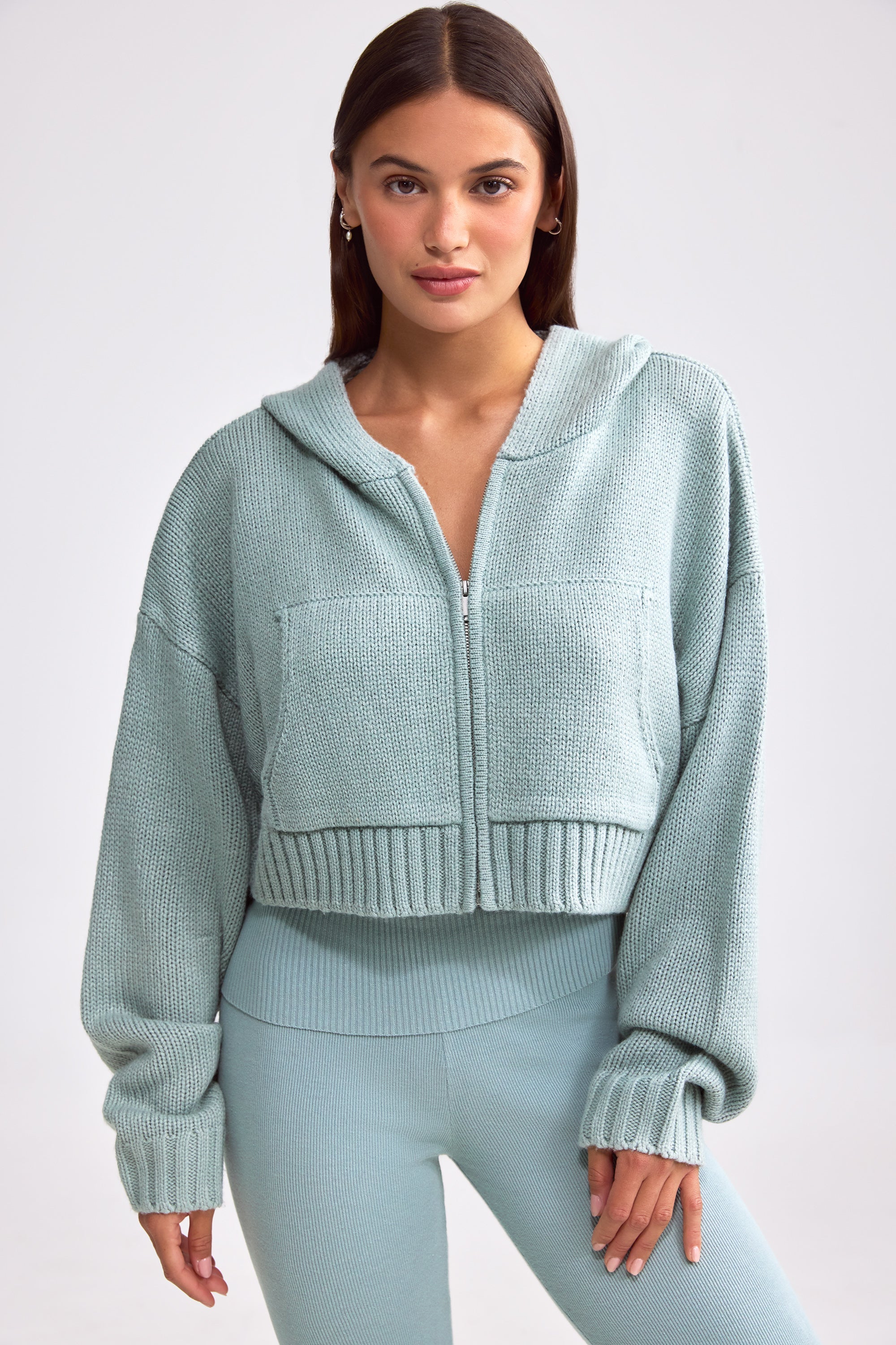 Cropped Zip-Up Chunky Knit Hoodie in Dusty Teal