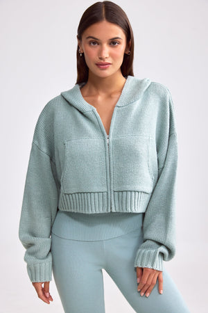 Chunky Knit Zip-Up Cropped Hoodie in Dusty Teal