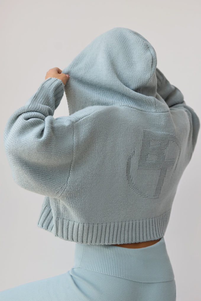 Cropped Zip-Up Chunky Knit Hoodie in Dusty Teal