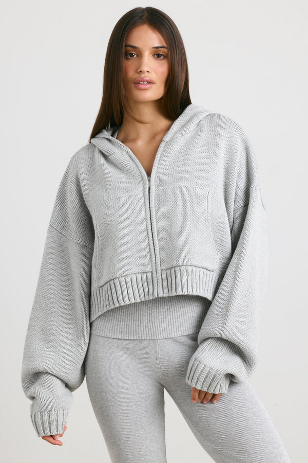 Cropped Zip Up Chunky Knit Hoodie in Heather Grey - 1