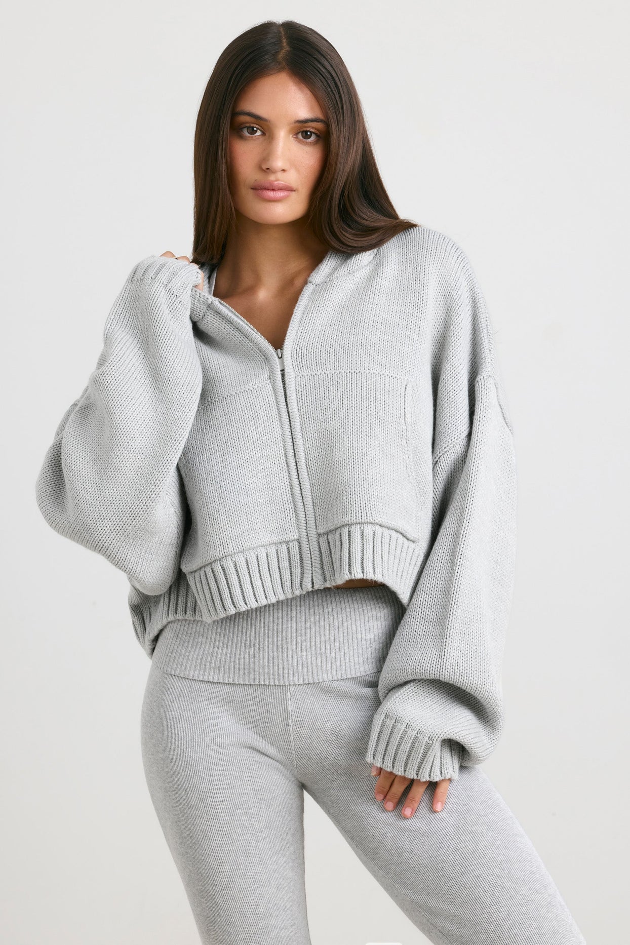 True Cropped Zip Up Chunky Knit Hoodie in Heather Grey | Oh Polly