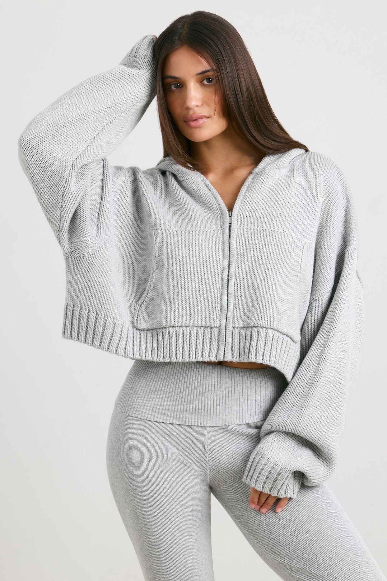 True Cropped Zip Up Chunky Knit Hoodie in Heather Grey | Oh Polly