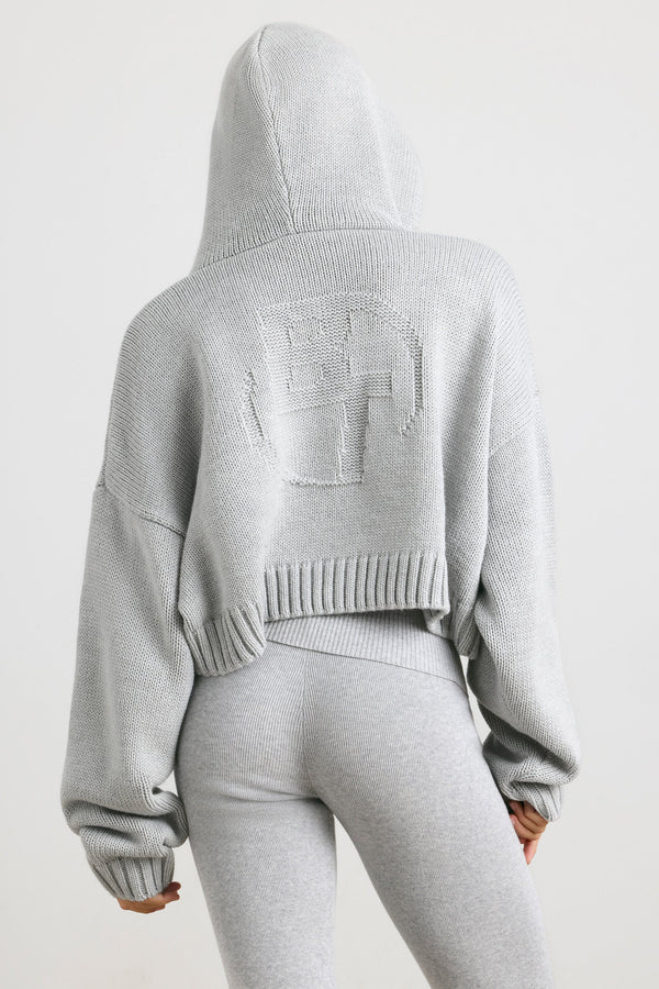 Cropped Zip Up Chunky Knit Hoodie in Heather Grey - 2