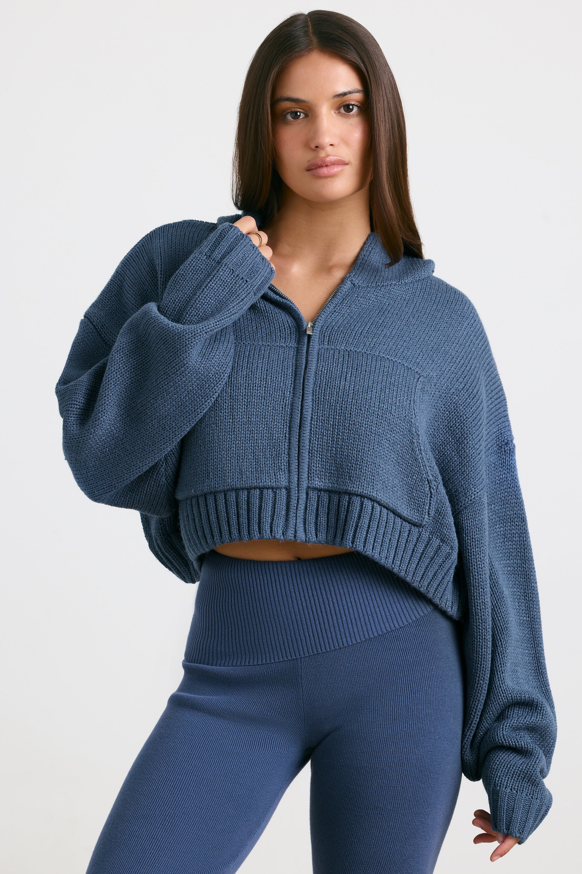 Navy blue cropped zip up online hoodie