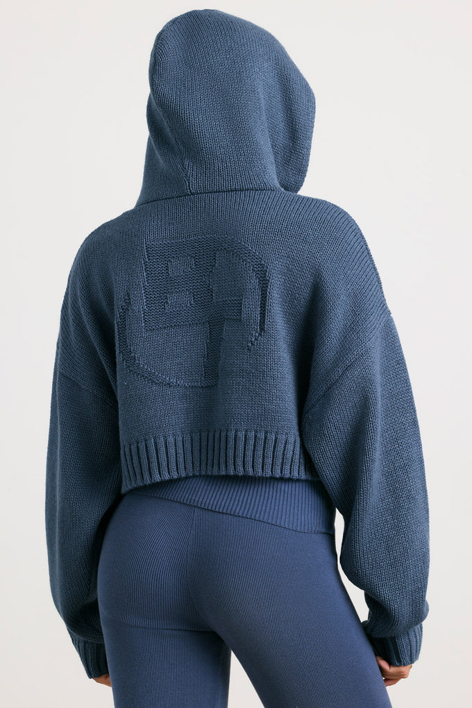 Cropped Zip Up Chunky Knit Hoodie in Washed Navy