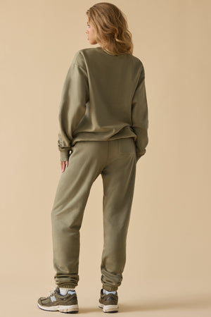Cotton Fleece Mid-Rise Joggers in Khaki Green