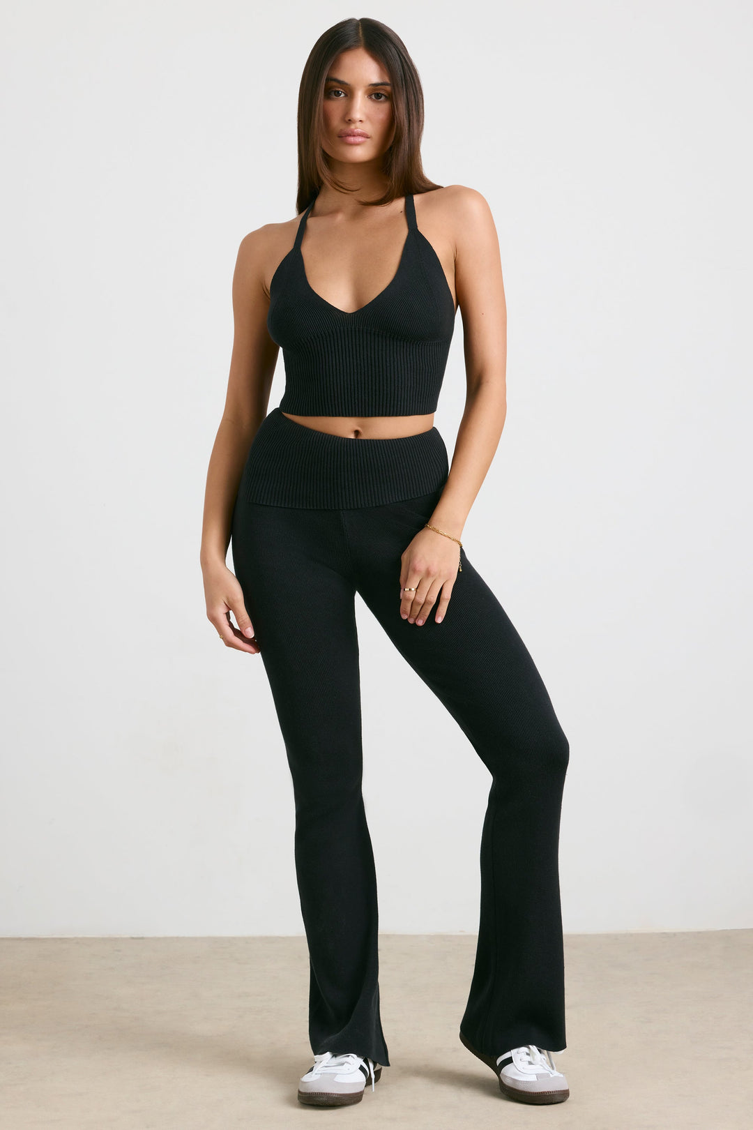 Muse Chunky Knit Kick Flare Trousers in Black | Oh Polly