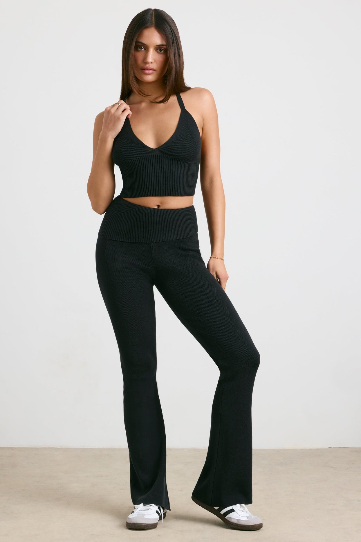 Chunky Knit Kick Flare Trousers in Black