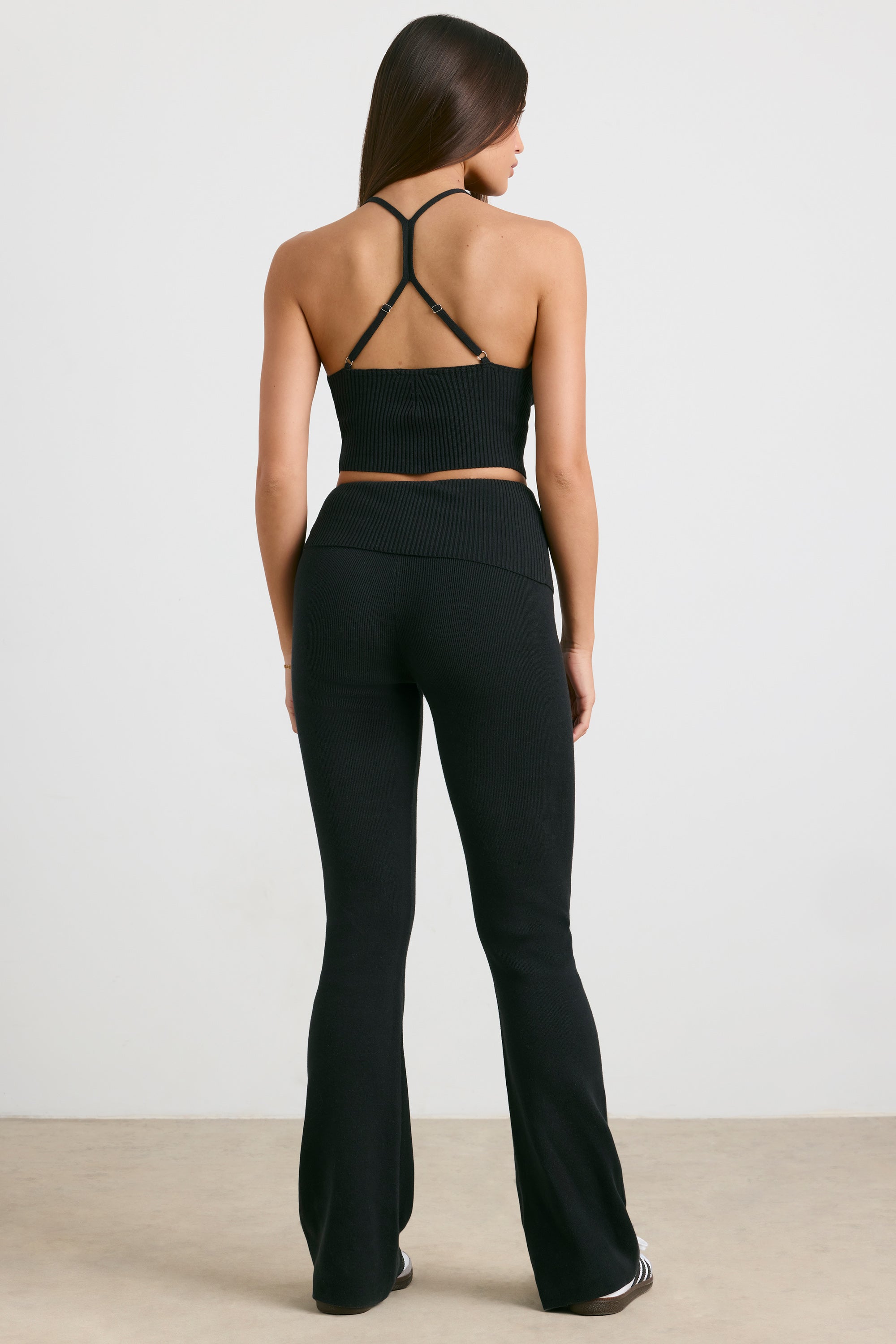 Chunky Knit Kick Flare Trousers in Black