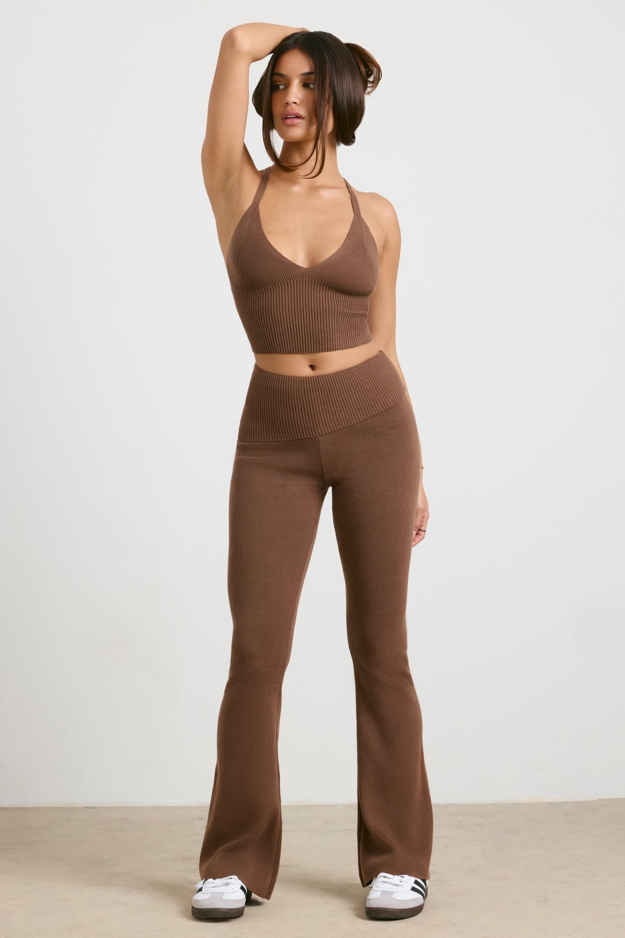 Muse Chunky Knit Kick Flare Trousers in Espresso