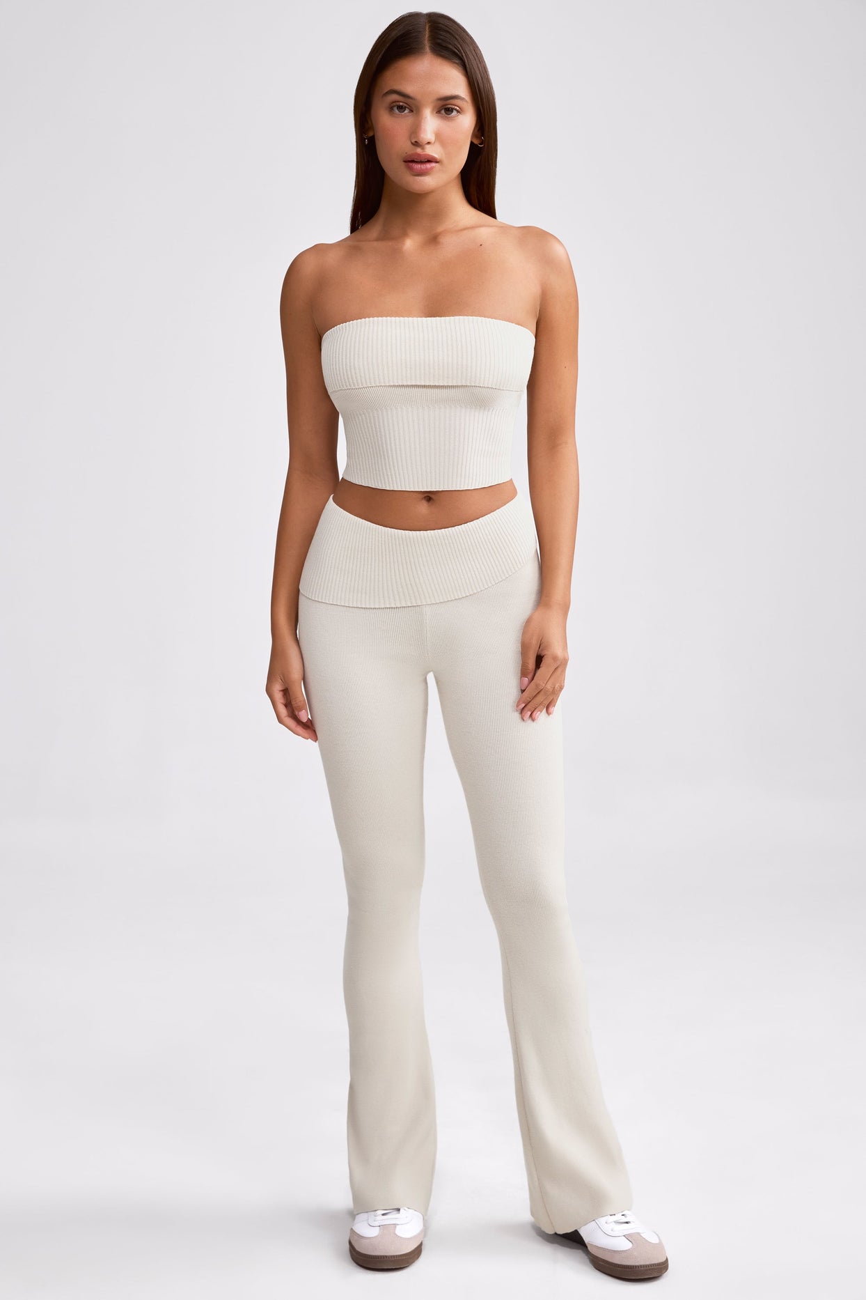 Petite Fold Over Kick Flare Chunky Knit Trousers in Cream