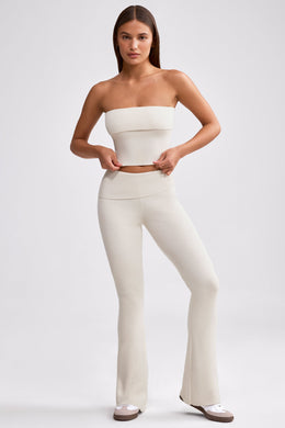 Fold Over Kick Flare Chunky Knit Trousers in Cream