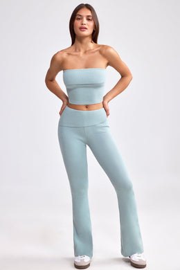 Petite Fold Over Kick Flare Chunky Knit Trousers in Dusty Teal