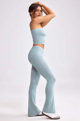 Fold Over Kick Flare Chunky Knit Trousers in Dusty Teal