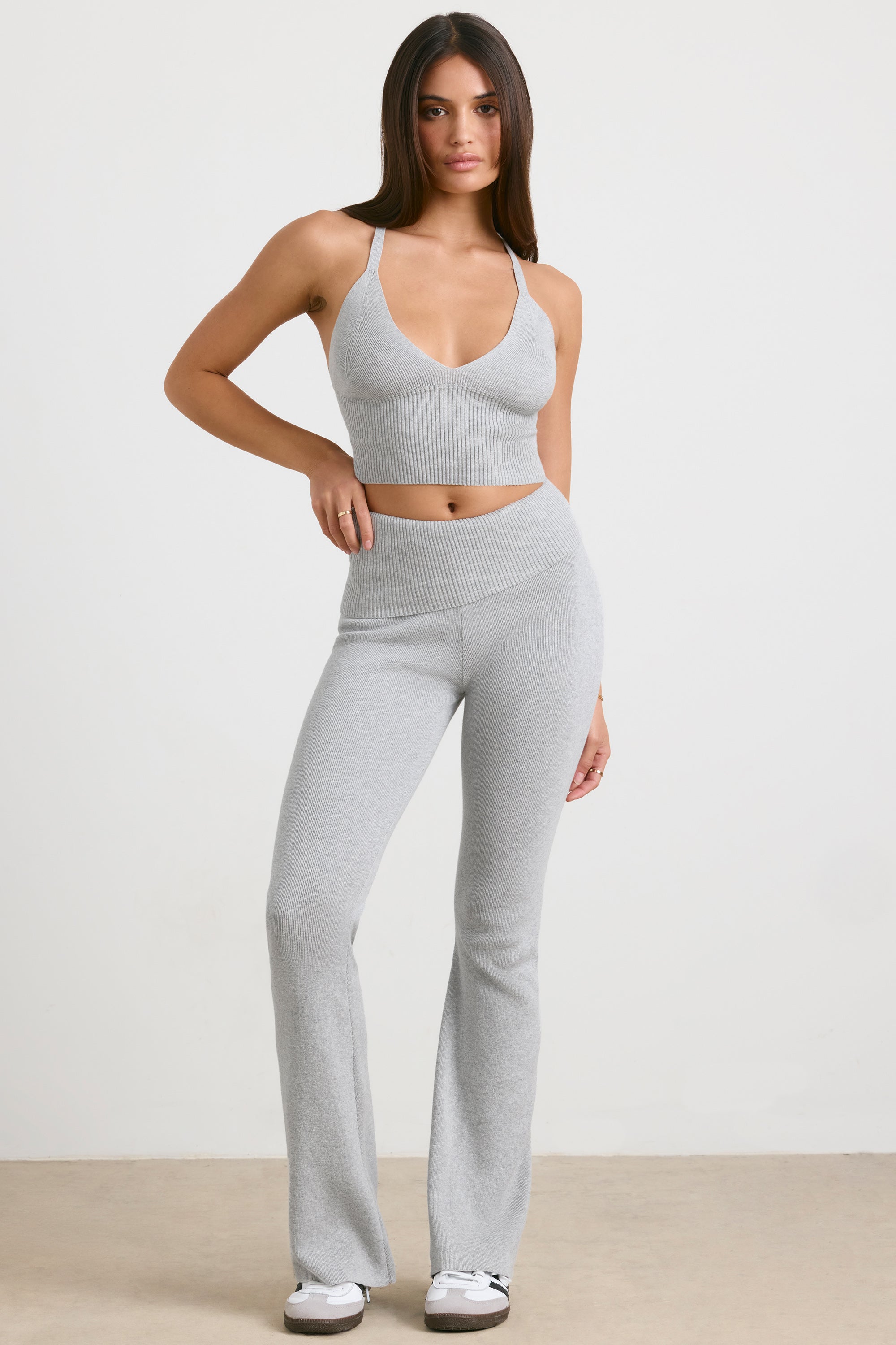 Chunky Knit Kick Flare Trousers in Heather Grey