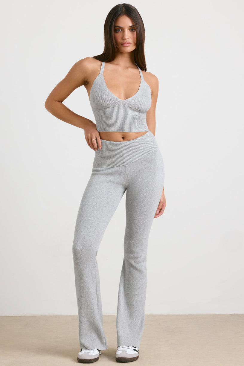 Chunky Knit Foldover Kick Flare Trousers in Grey Marl - 1