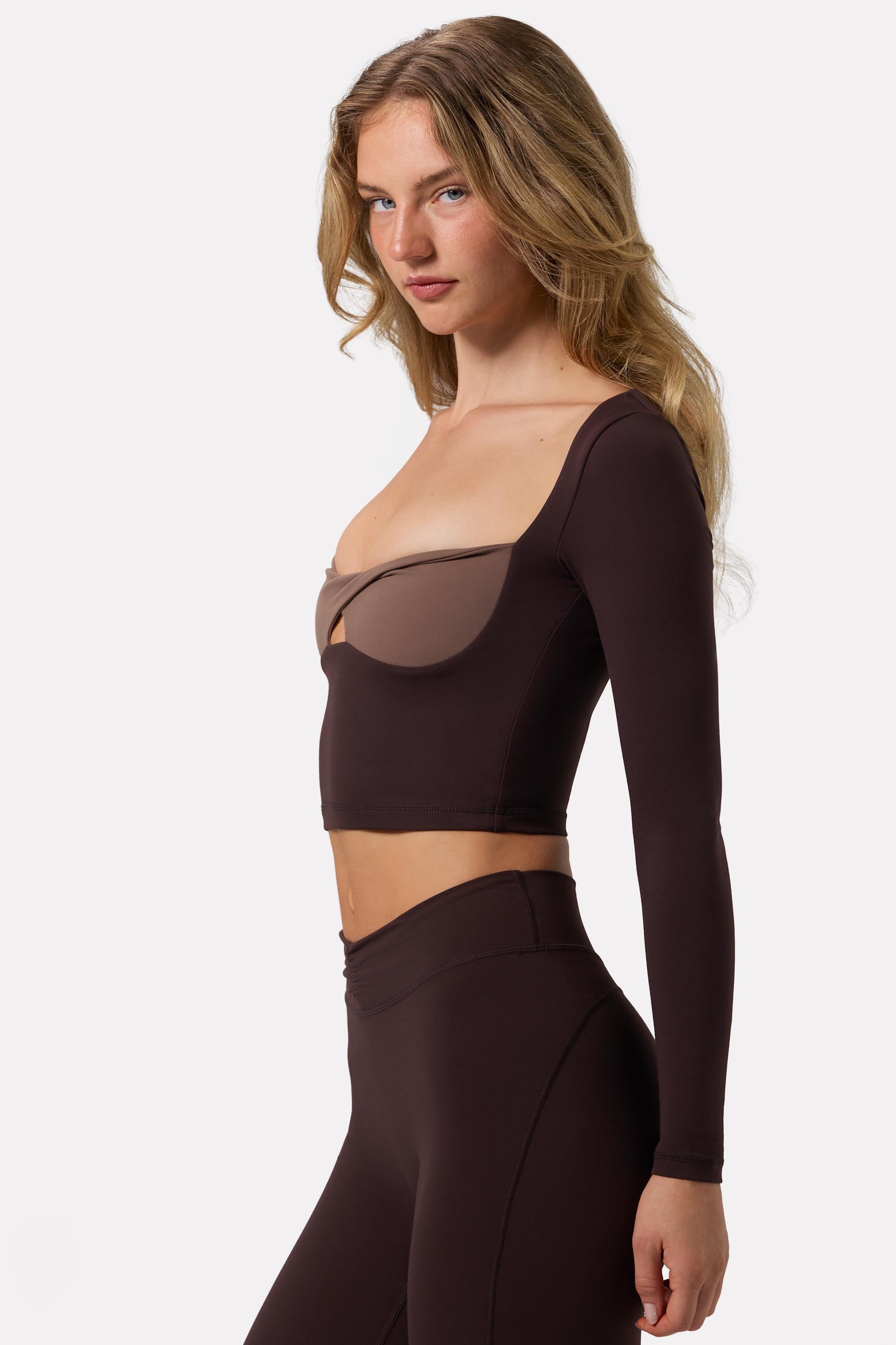 Soft Active Twist-Front Crop Top in Espresso
