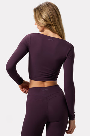 Bo+Tee model Lydia Butler wearing the CosyCoffeeRunWithLydsButler Full Top in Plum Soft Active (Cut & Sew) fabric perfect for gym workouts