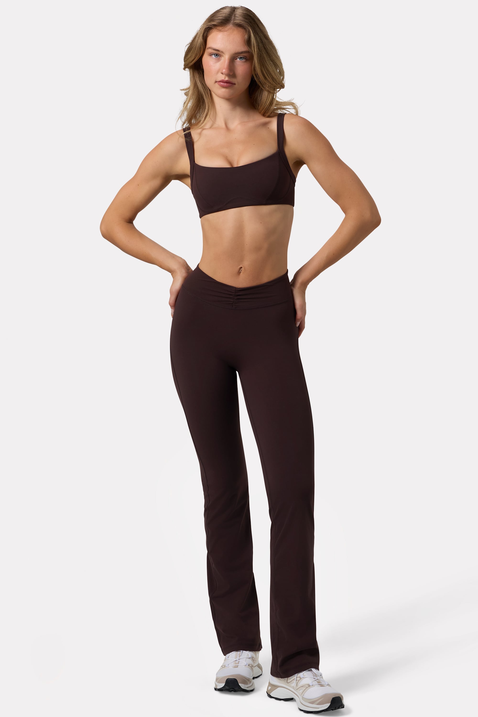 Soft Active Ruched Flared Trousers in Espresso