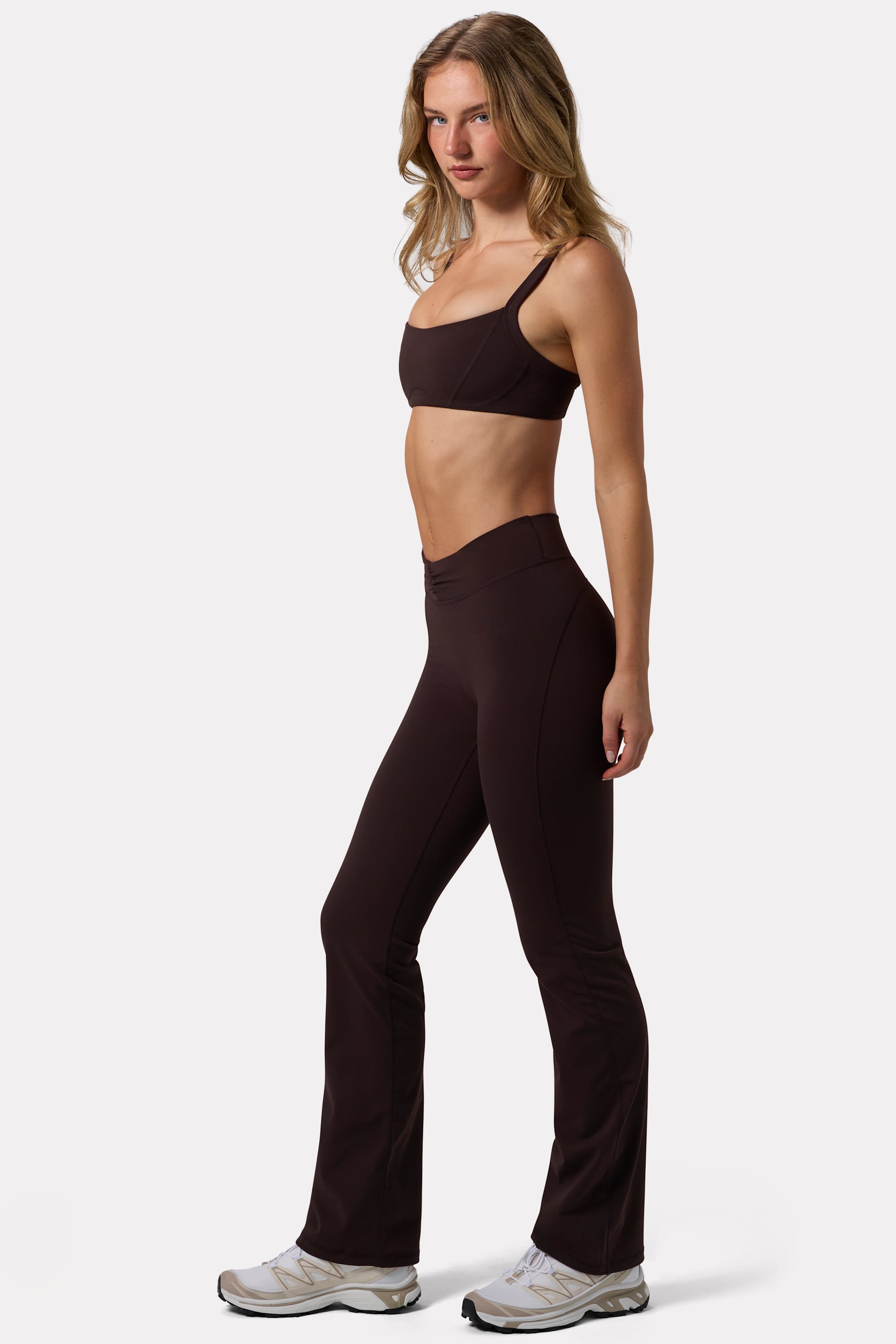 Soft Active Ruched Flared Trousers in Espresso