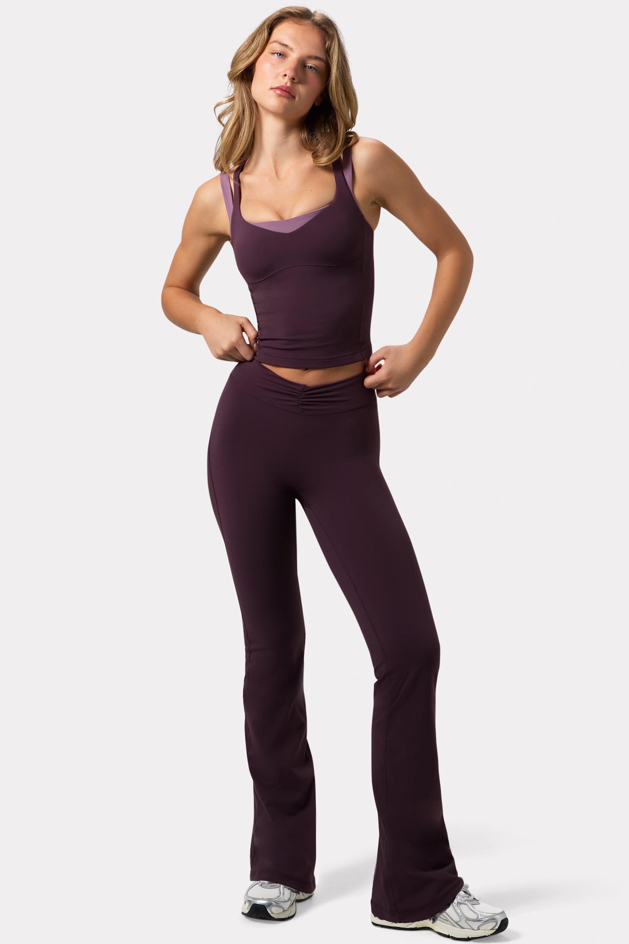 Soft Active Ruched Flared Trousers in Plum