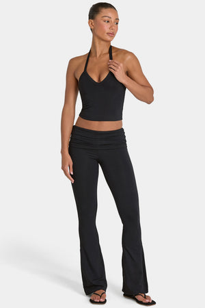 Bo+Tee model Hayley wearing the Rebloom Trousers in Black Modal fabric perfect for gym workouts