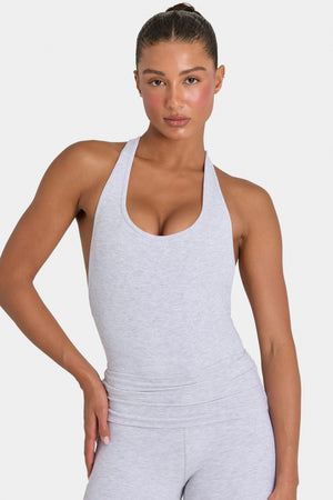 Bo+Tee model Hayley wearing the Rebloom Bodysuit in Grey Marl Modal fabric perfect for casual brunch