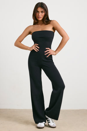 Chunky Knit Bandeau Kick Flare Jumpsuit in Black