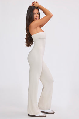 Petite Bandeau Kick Flare Chunky Knit Jumpsuit in Cream