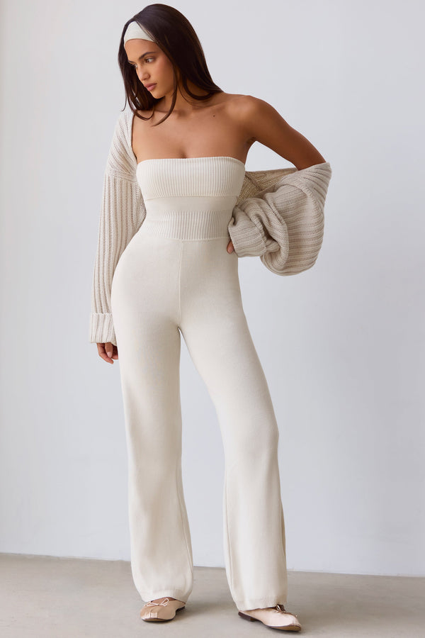 Chunky Knit Bandeau Kick Flare Jumpsuit in Cream - 1