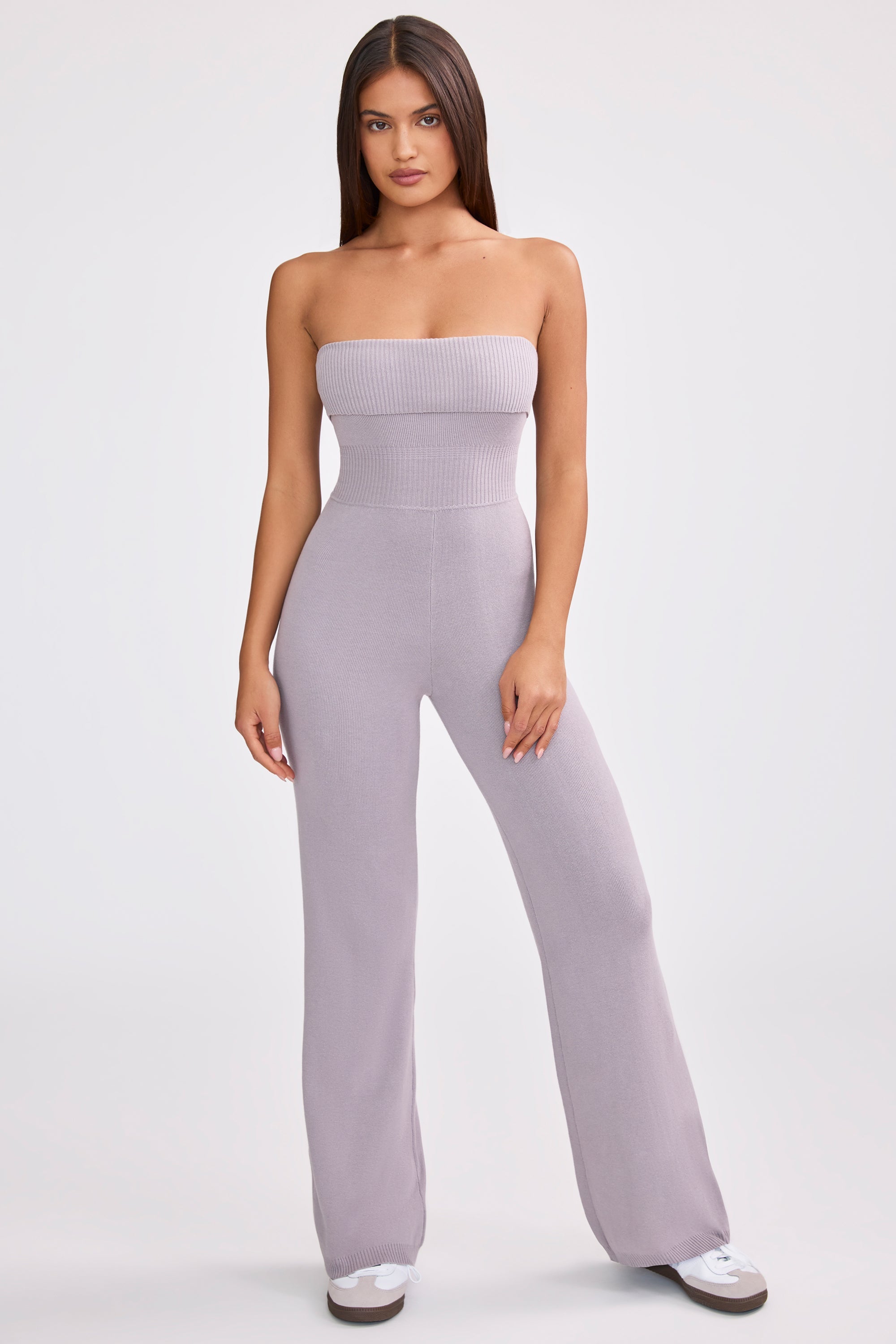 Bandeau Kick Flare Chunky Knit Jumpsuit in Dusty Lavender | Bo&Tee