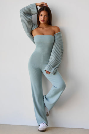 Chunky Knit Bandeau Kick Flare Jumpsuit in Dusty Teal