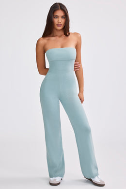 Petite Bandeau Kick Flare Chunky Knit Jumpsuit in Dusty Teal