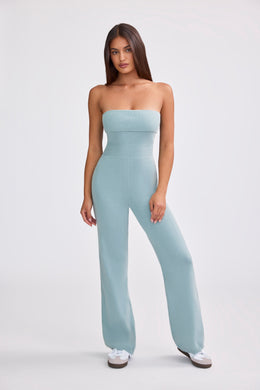 Petite Bandeau Kick Flare Chunky Knit Jumpsuit in Dusty Teal