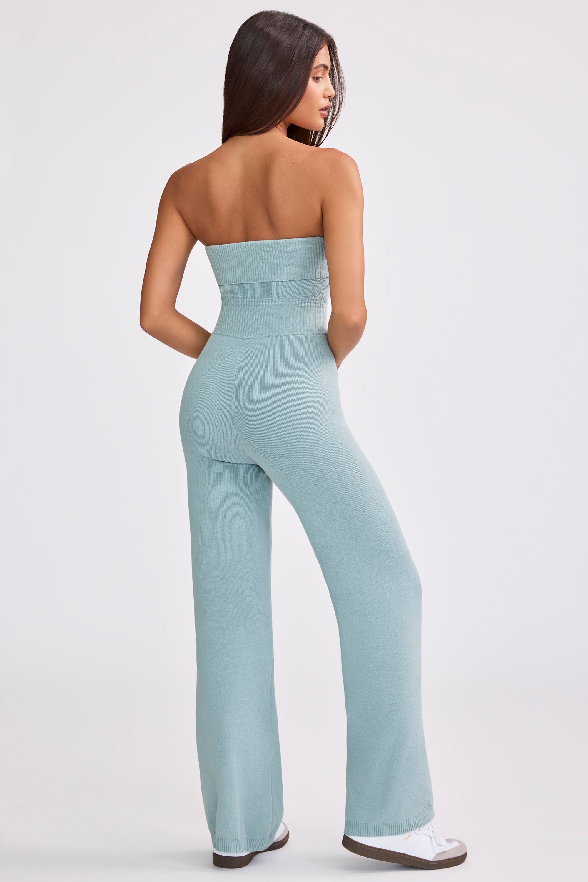 Petite Bandeau Kick Flare Chunky Knit Jumpsuit in Dusty Teal