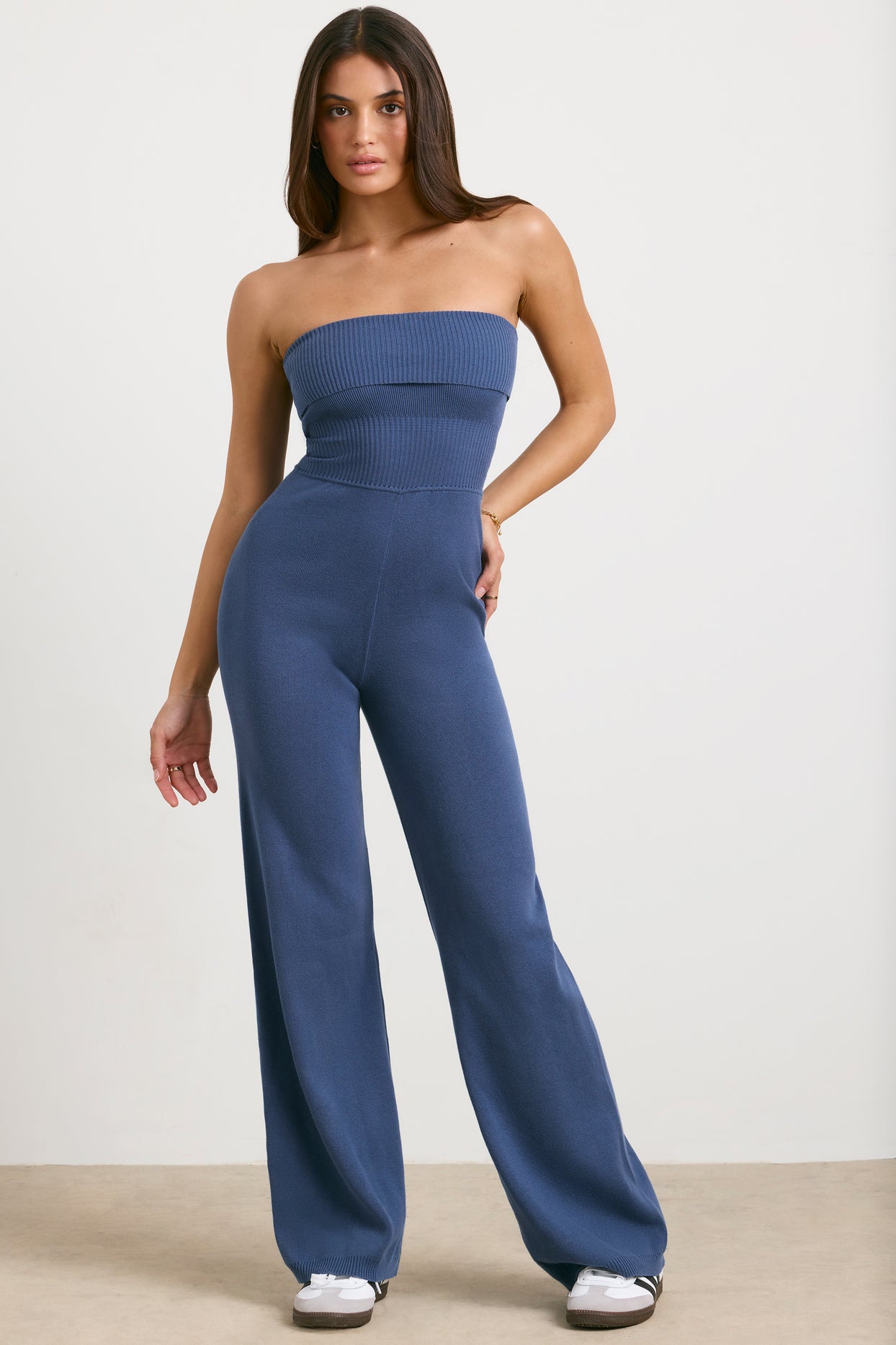 Timeless Petite Chunky Knit Kick Flare Unitard in Washed Navy | Oh Polly