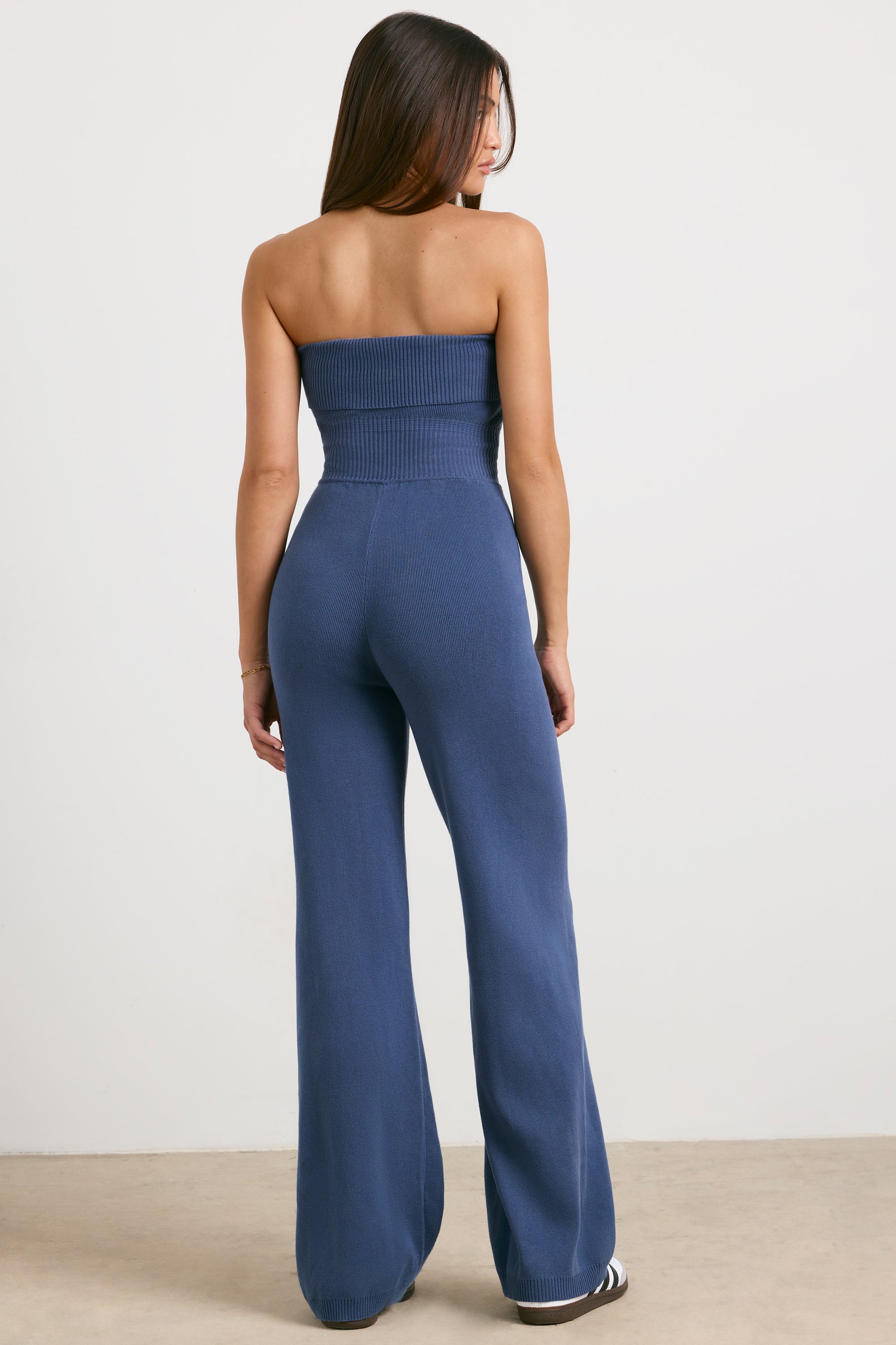 Petite Chunky Knit Kick Flare Unitard in Washed Navy