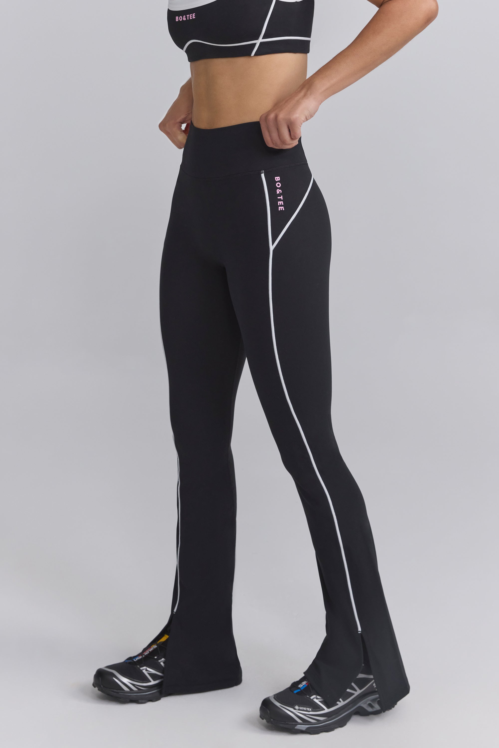 Soft Active Contrast-Trim Flared Trousers in Black