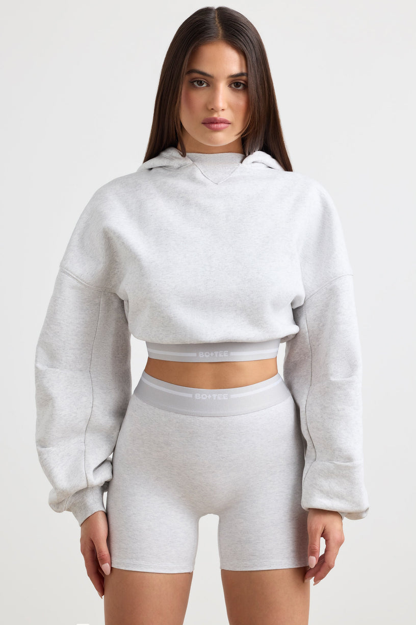 Stretch Cotton Fleece Cropped Hoodie in Grey Marl - 1