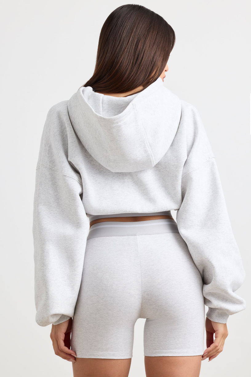 Stretch Cotton Fleece Cropped Hoodie in Grey Marl - 2