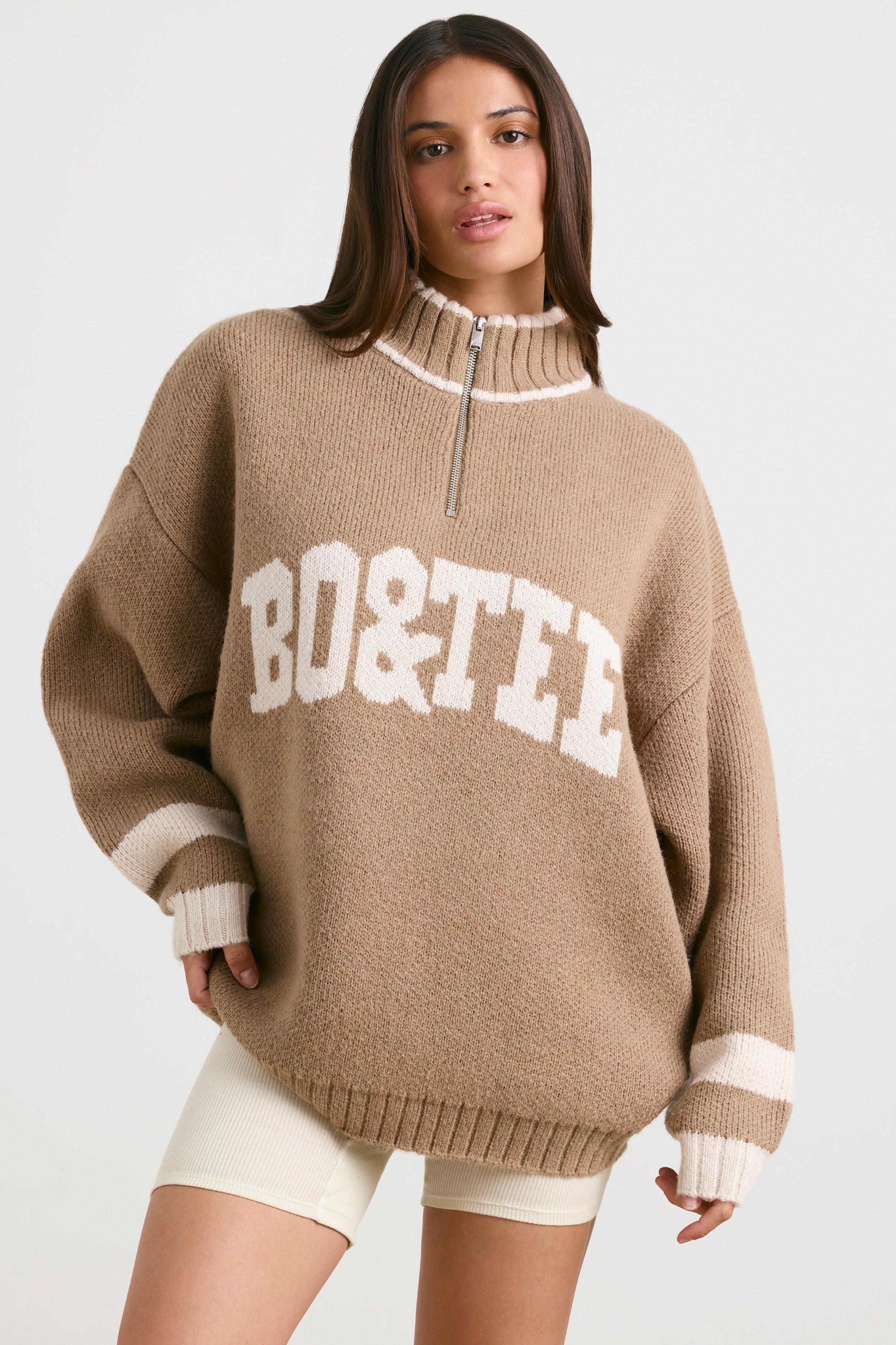 Oversized Quarter-Zip Chunky-Knit Jumper in Espresso Oh Polly