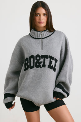 Oversized Quarter-Zip Chunky-Knit Jumper in Heather Grey