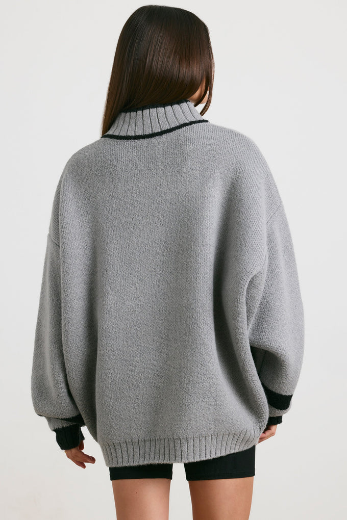 Suéter grande de malha grossa com zíper quarto em cinza mesclado