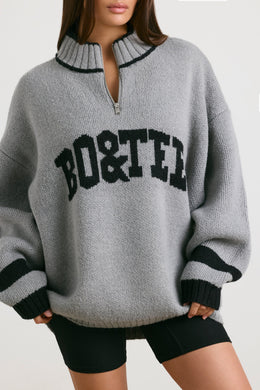Oversized Quarter-Zip Chunky-Knit Jumper in Heather Grey