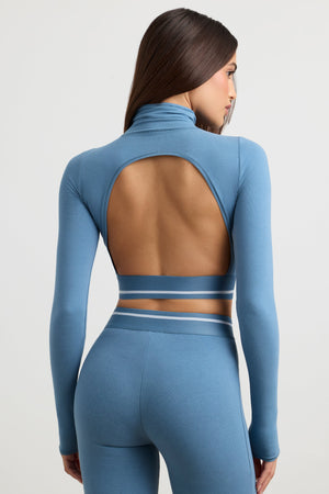 Backless Turtleneck Long-Sleeve Crop Top in Steel Blue
