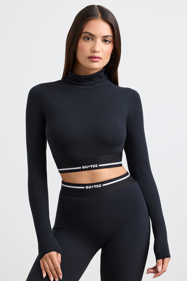 Backless Turtleneck Long-Sleeve Crop Top in Black - 1