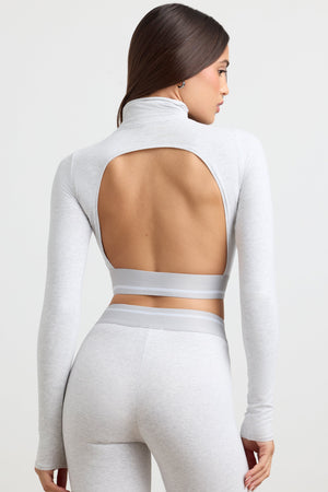 Backless Turtleneck Long-Sleeve Crop Top in Grey Marl
